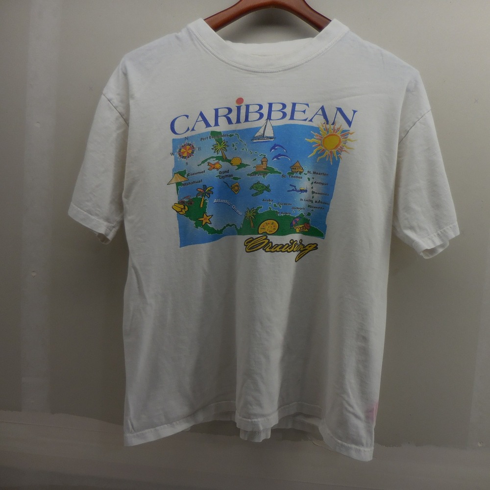 Vintage Caribbean Cruising Graphic T-Shirt White Map Souvenir Tee Large